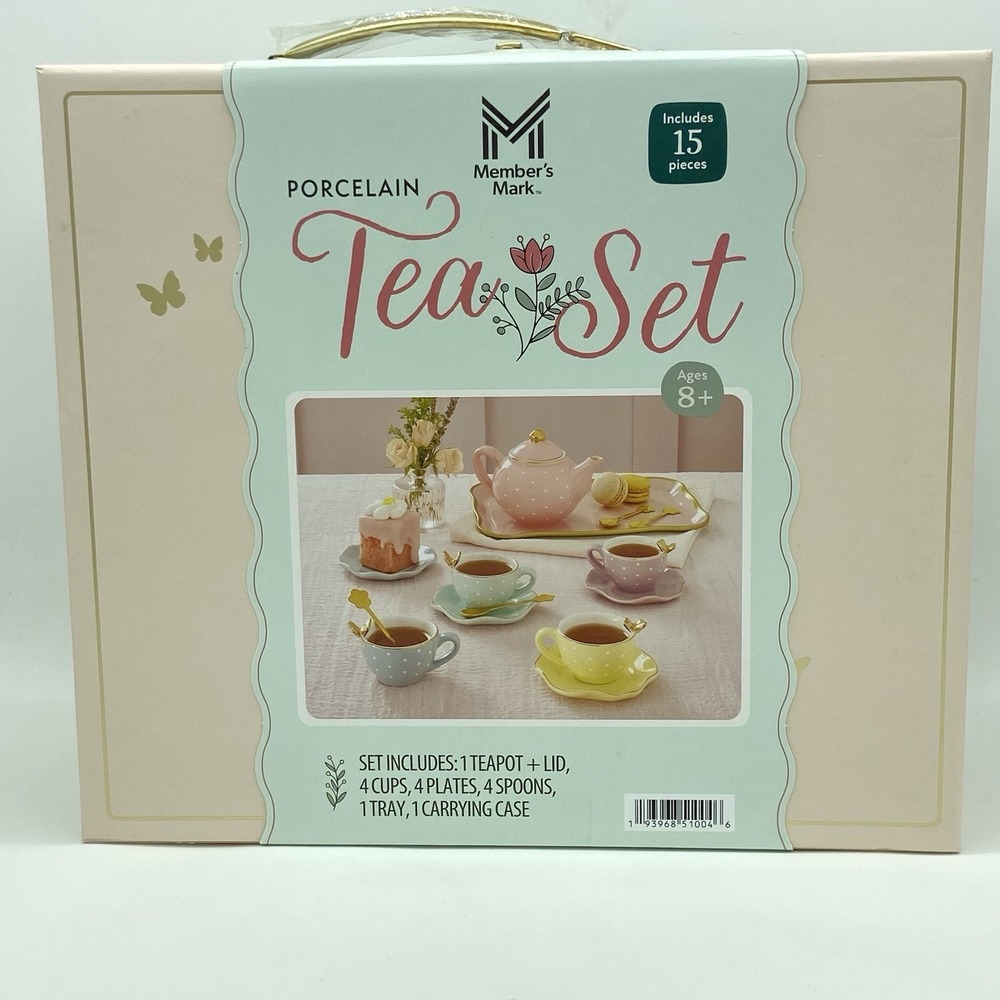 Member's Mark Porcelain Tea Set 15 Pc Pastel Polka Dot Tea Party Pretend Play